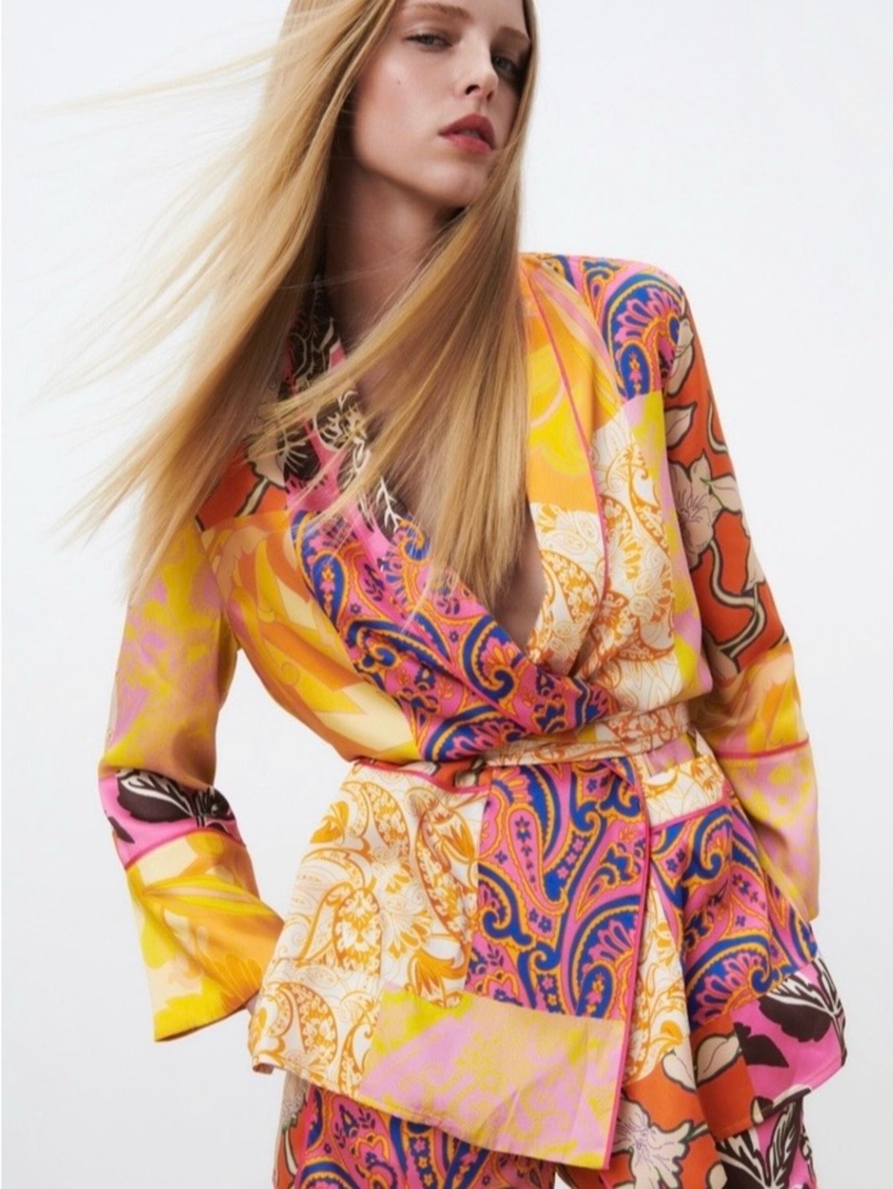 Zara Colorblock Paisley Satin Wrap Robe - Multi - Picture 3 of 3